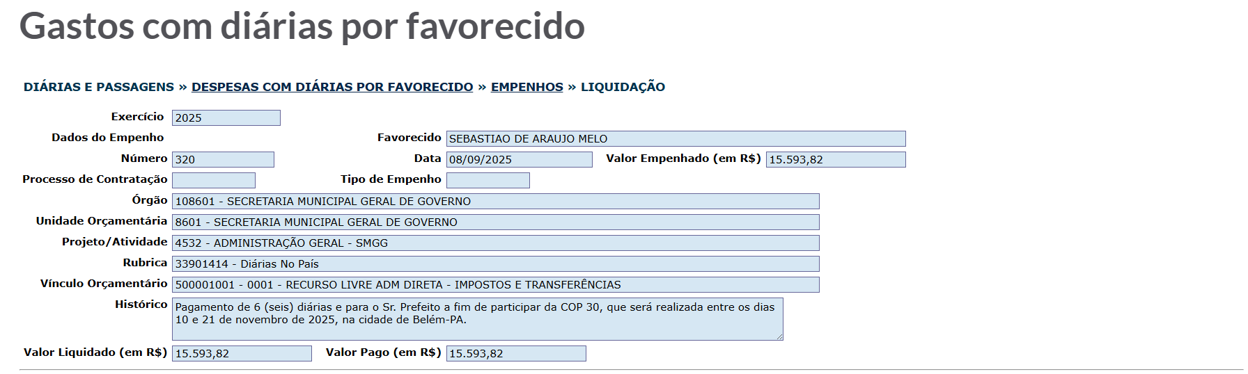 Valores recebidos por Melo são de diárias internacionais - Portal da Transparência municipal