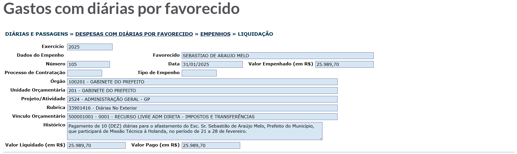 Ida de Melo à Holanda tem mesmo valor diário que viagem ao Pará - Portal da Transparência municipal